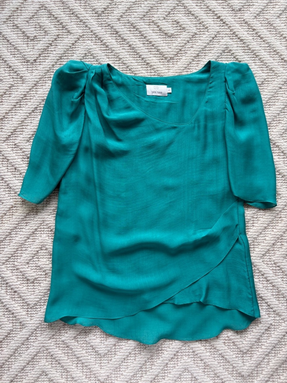 Silk Teal Short Sleeve Blouse by Julie Haus, Small